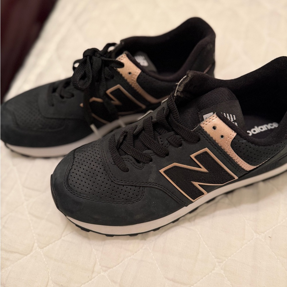 New Balance Black and Rose Gold 574 Sneakers